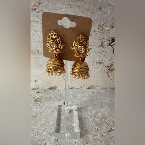 Artisan-Made Gold Jhumka Drop Earrings with Rhinestones & Tiny Pearls